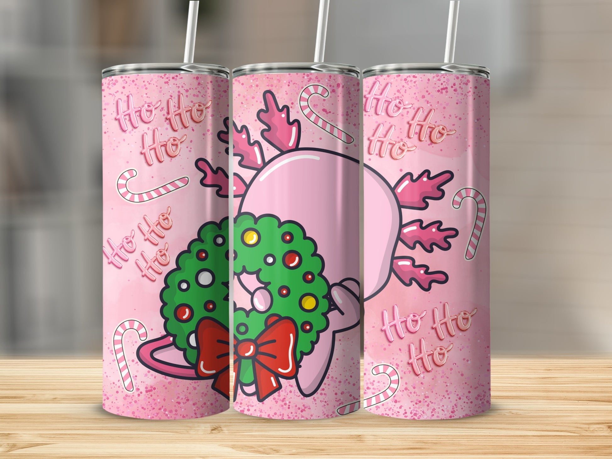 Pink Ho Ho Ho Christmas Wreath Candy Cane Tumbler