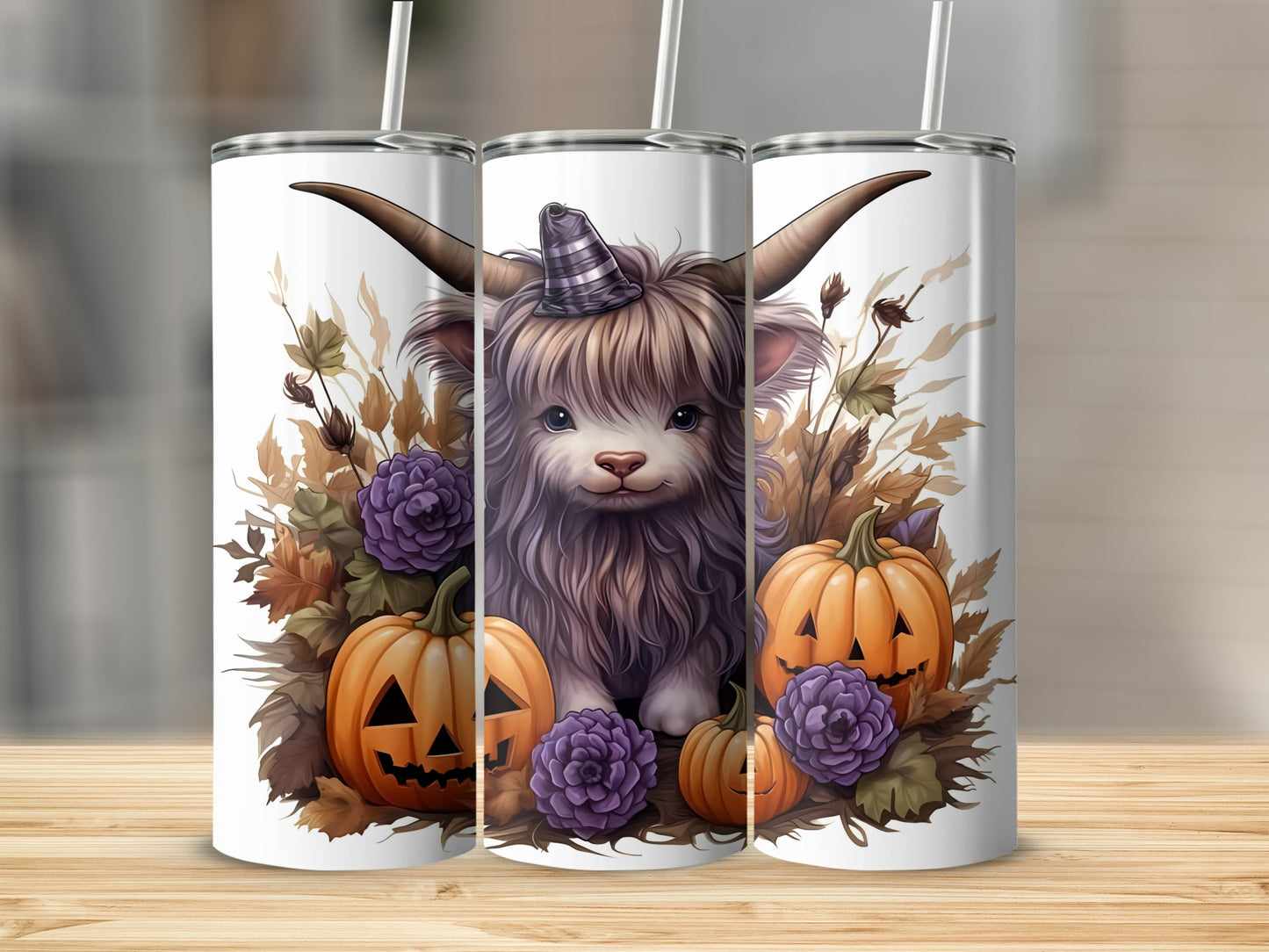 Highland Cow Halloween Pumpkin Design Tumbler Cups