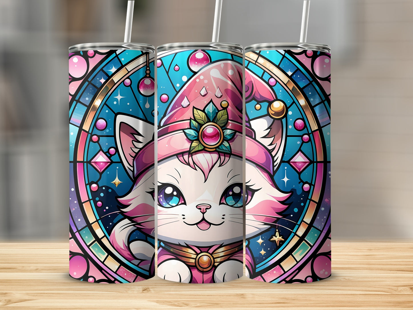 Stained glass cat wearing a pink hat with a straw on a wooden surface.