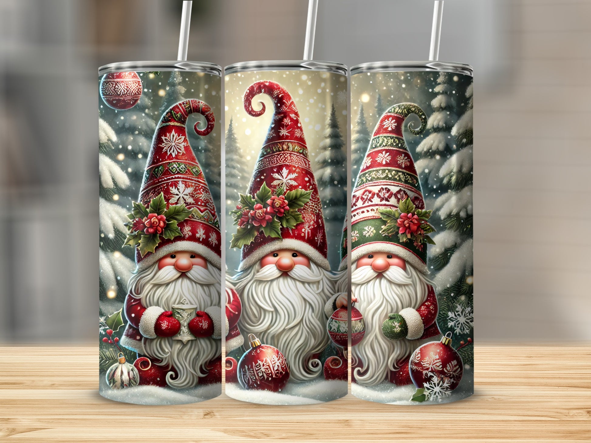 Three gnomes in Christmas hats holding ornaments on a snowy background.