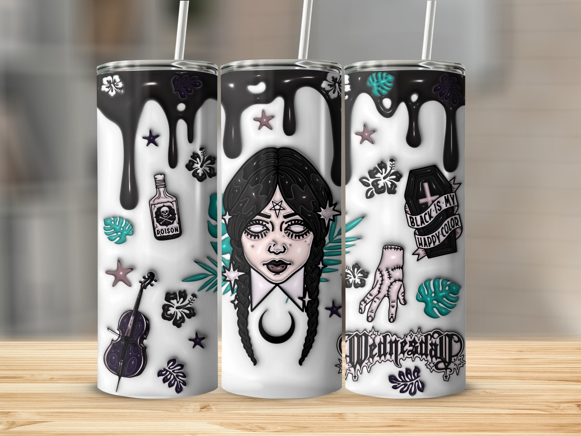 Tumbler with Wednesday Addams character, gothic art, and floral motifs.