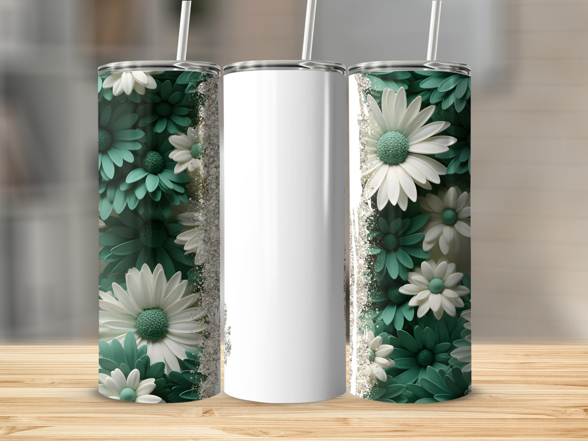 White tumbler with green floral pattern and sparkling accents.
