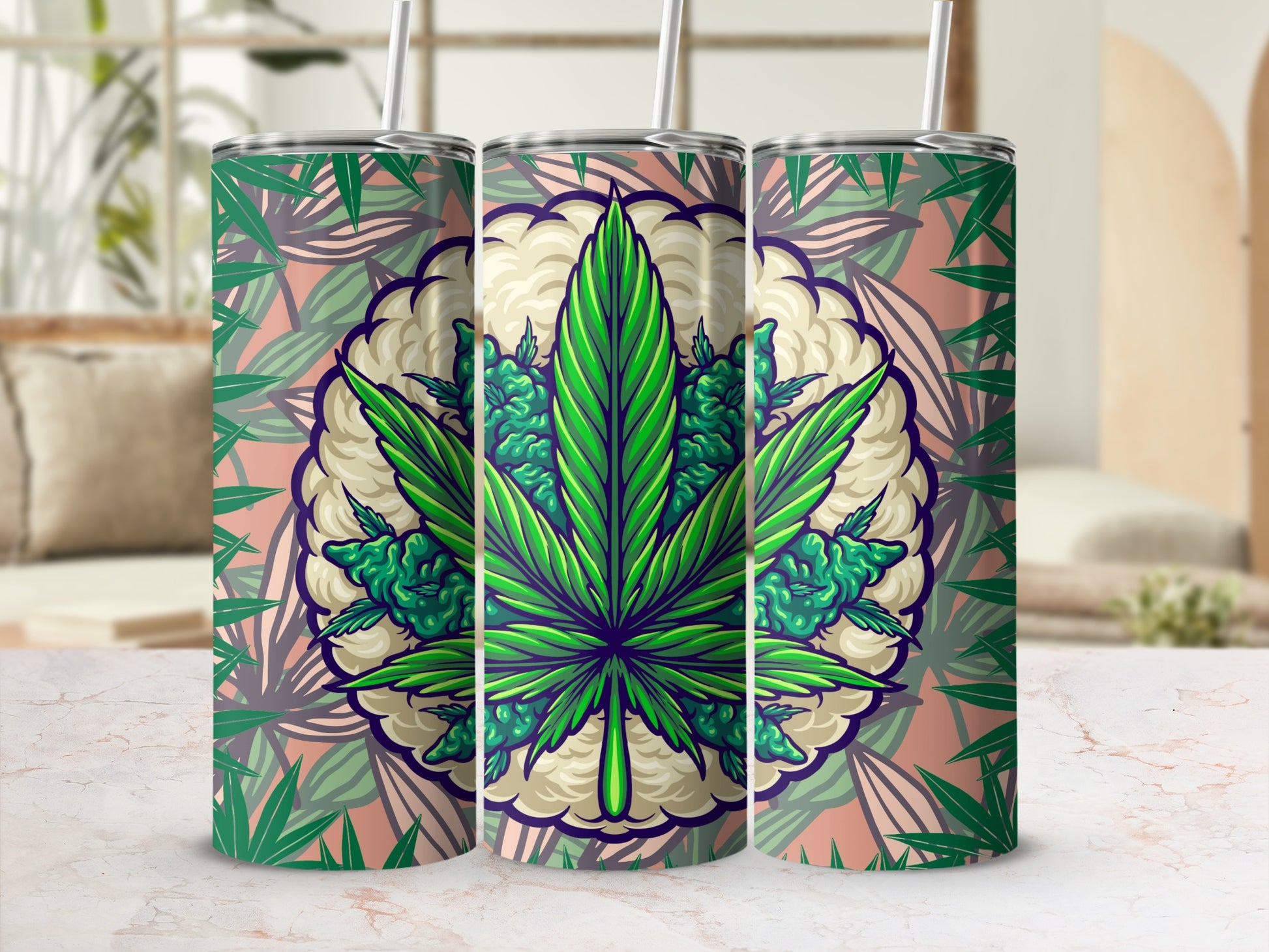 Abstract Green Leaf Design Stainless Steel Tumbler Cup