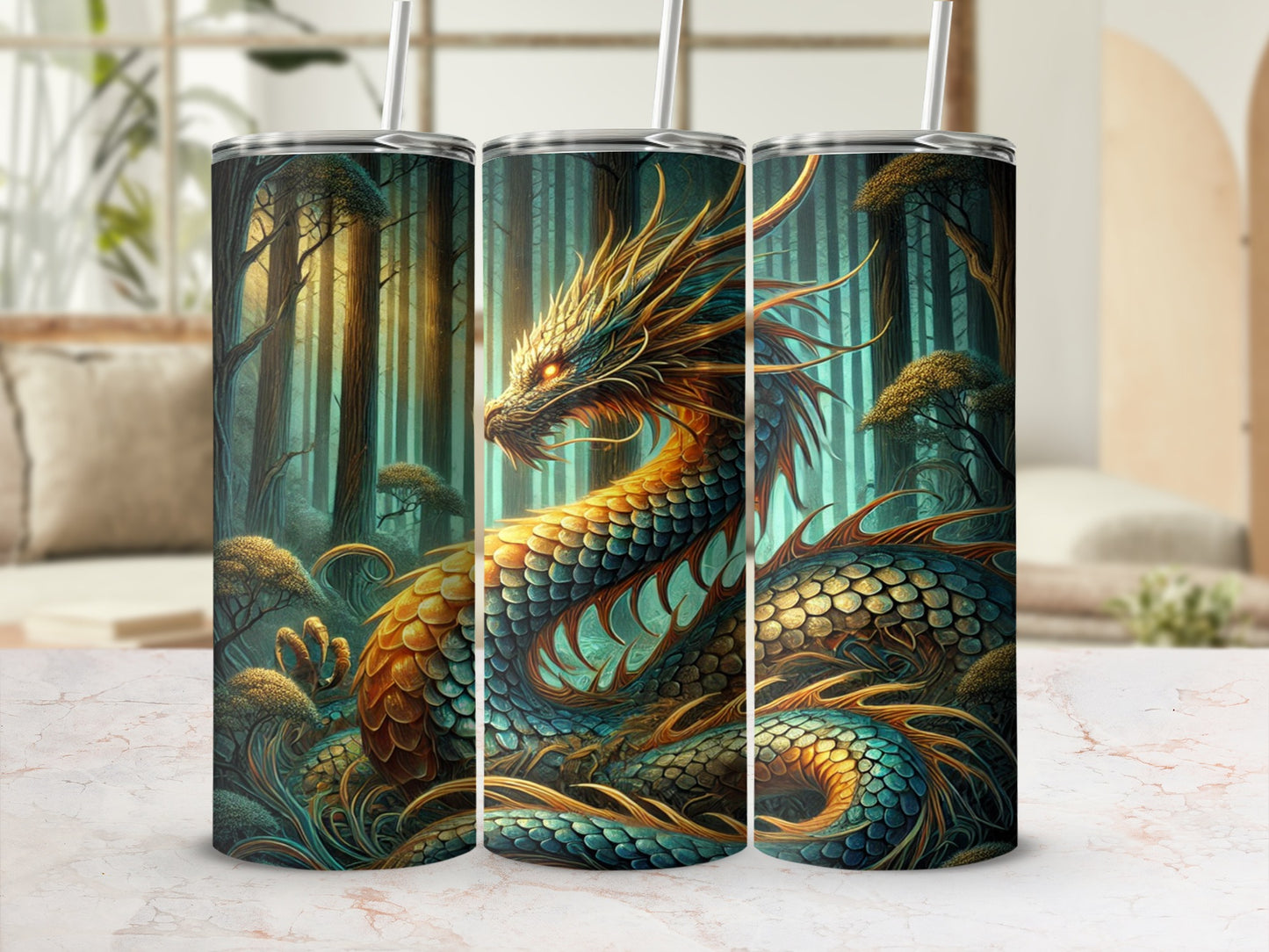 Majestic Forest Dragon Design Tumbler Cup