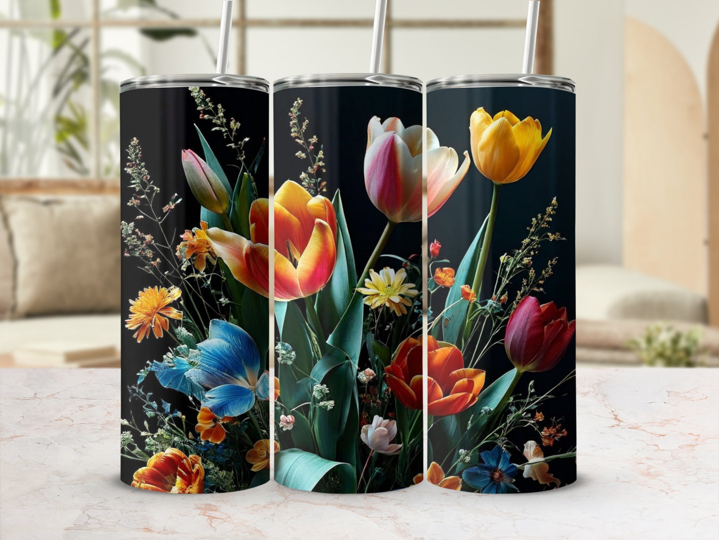 Tulip and wildflower bouquet design on a black tumbler.
