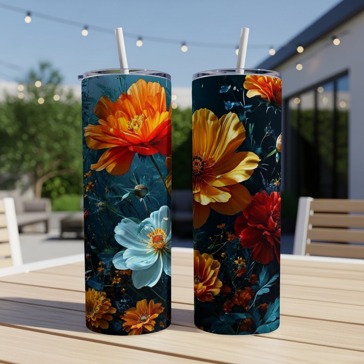 Two tumblers with vibrant floral designs on a wooden table.
