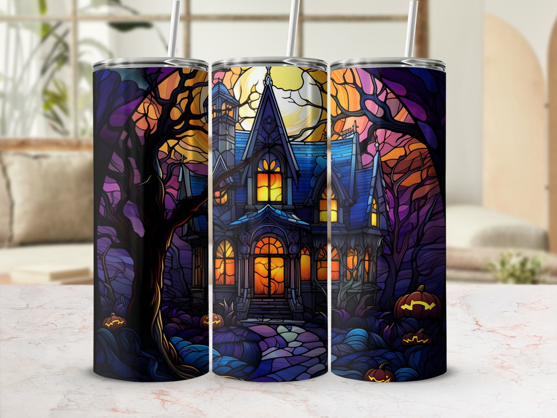 Halloween haunted house with pumpkins and spooky trees under a moon.