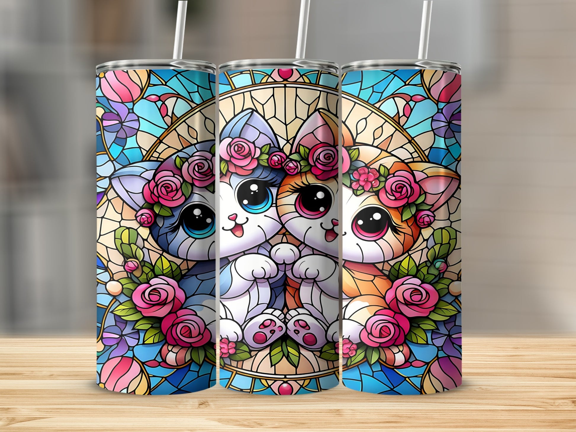 Two cartoon cats with flower crowns on stained glass background.