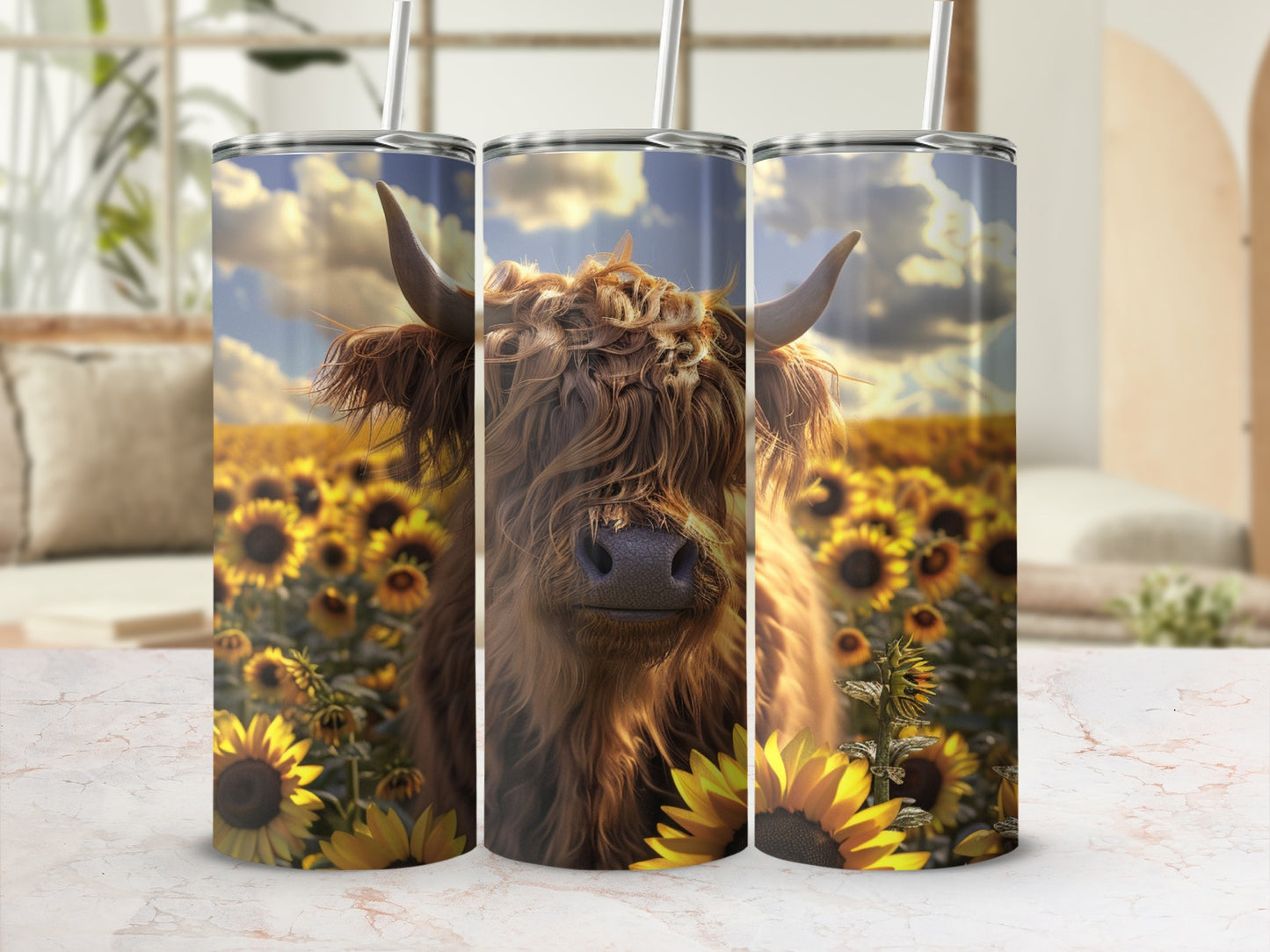 Highland cow in a field of sunflowers on a tumbler wrap.