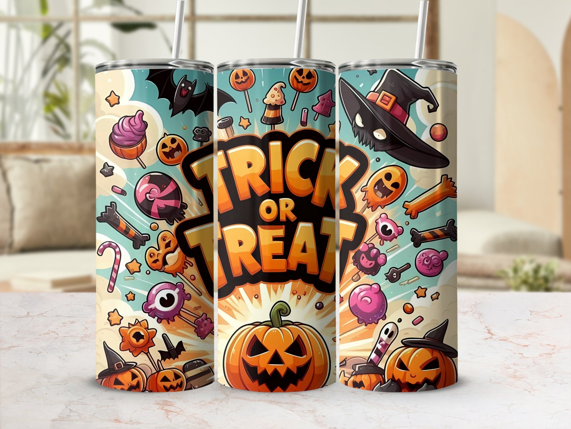 Halloween tumbler with "Trick or Treat" text and cartoon pumpkins, bats, and candy.