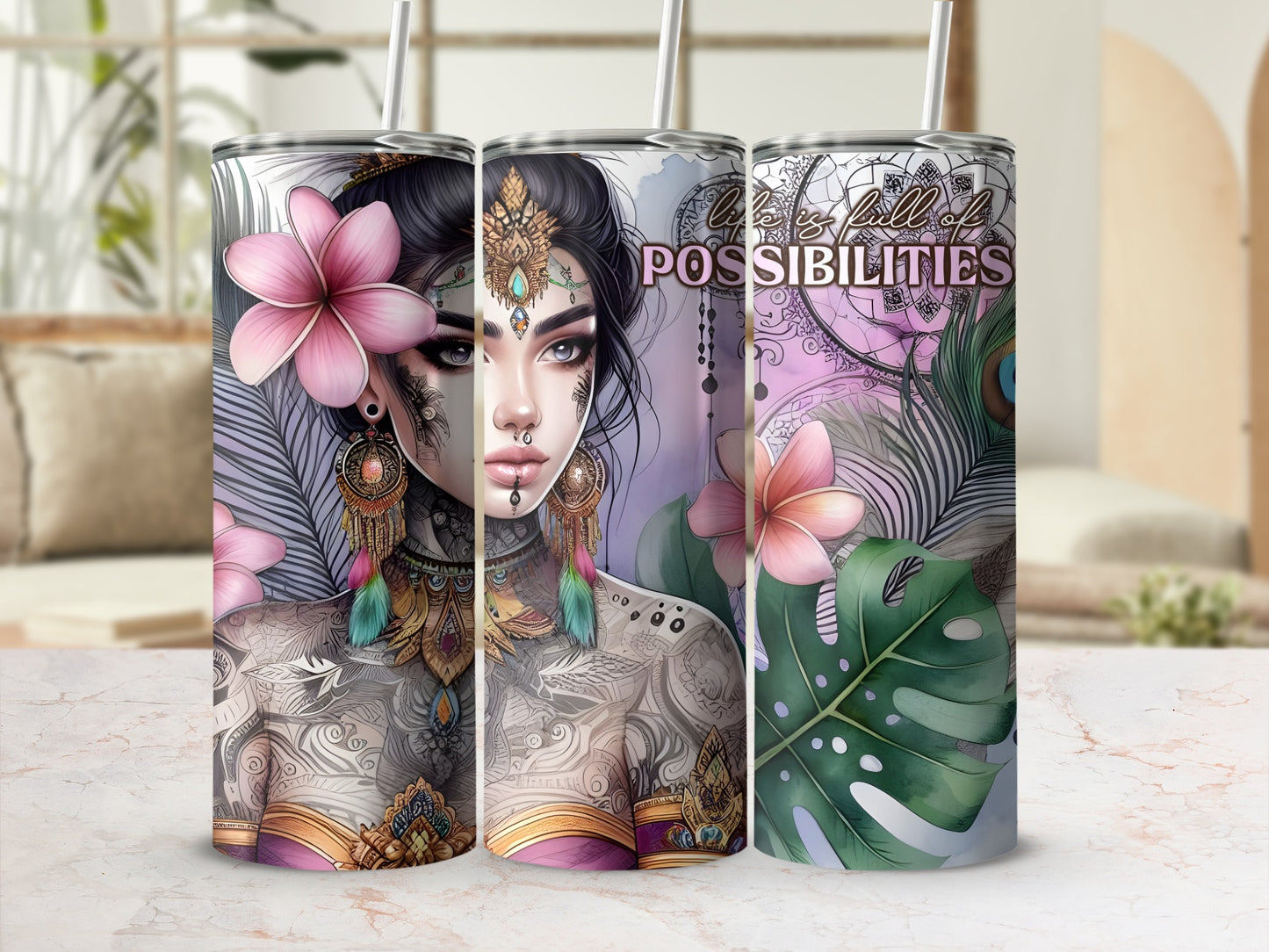 Three tumblers with tattooed woman and "POSSIBILITIES" text.