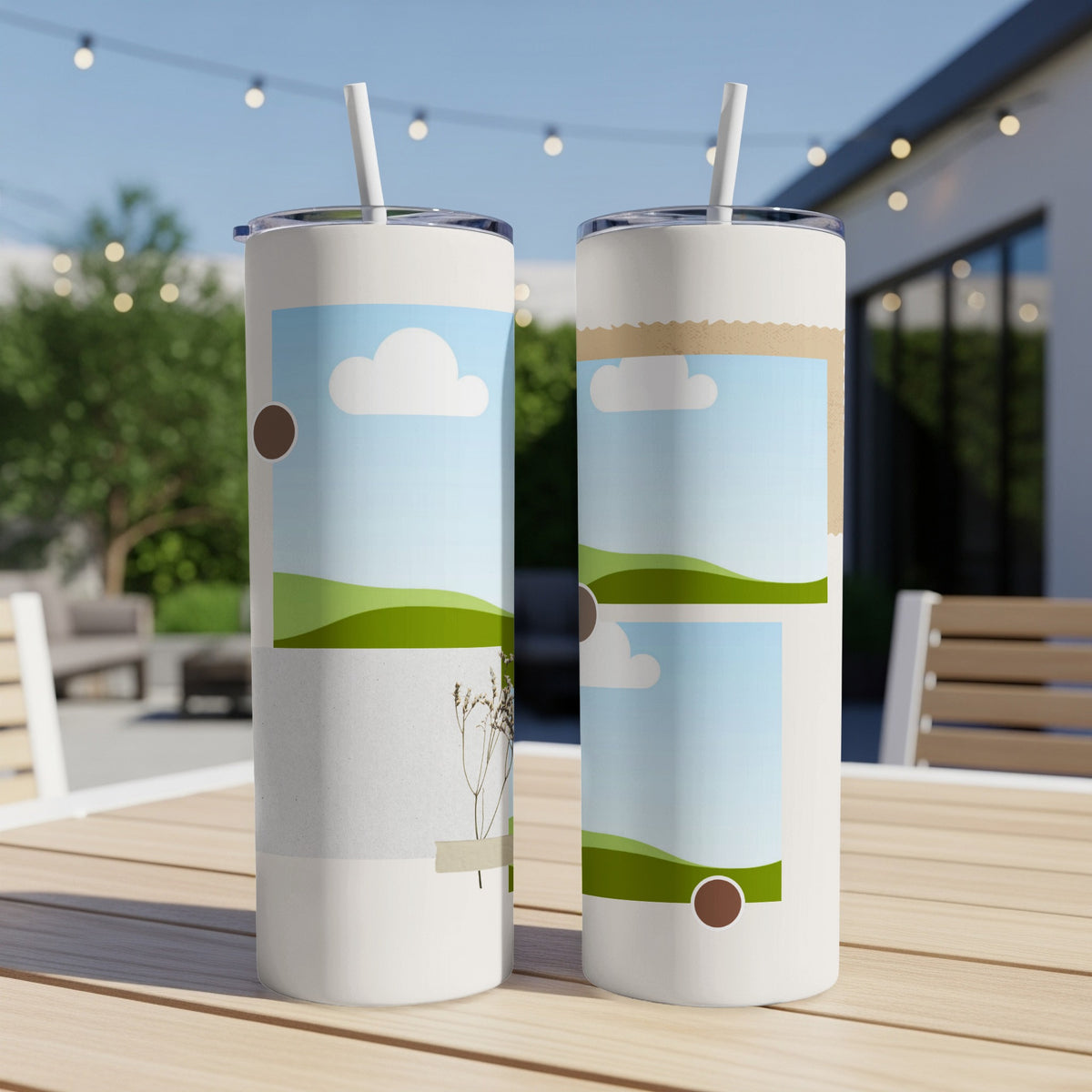 Two white tumblers with straw lids displayed on a wooden table with an outdoor background.