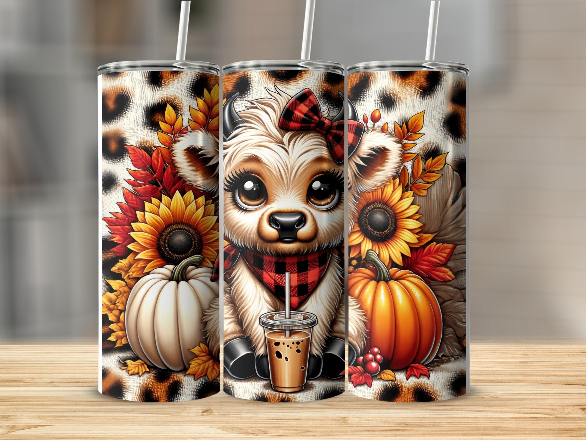 Cute cartoon cow with pumpkins, sunflowers, and a plaid bandana.