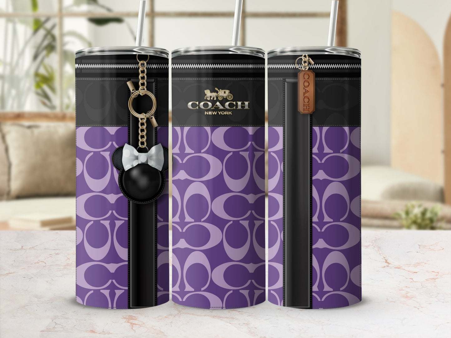 Elegant Purple Coach New York Pattern Tumbler Flask