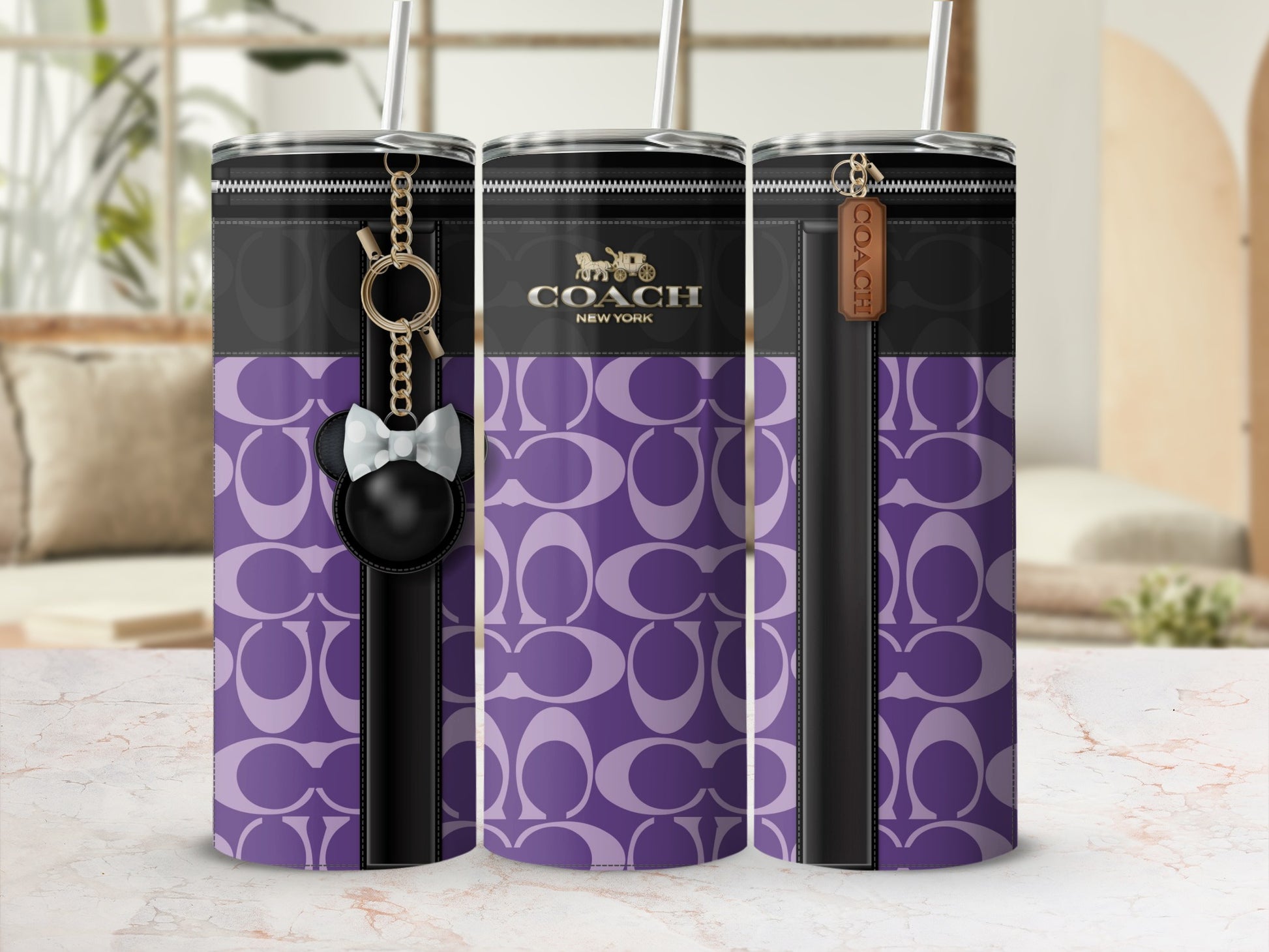 Elegant Purple Coach New York Pattern Tumbler Flask