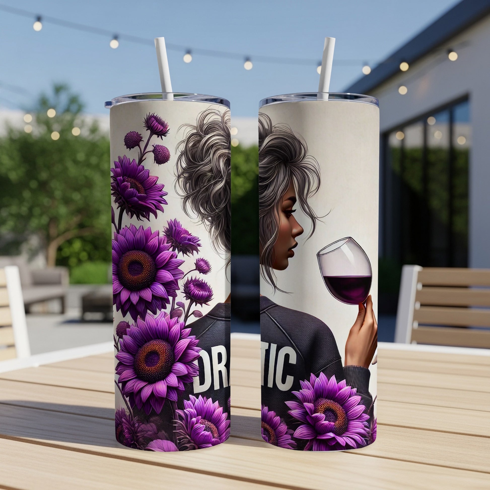 Two tumblers featuring a woman holding a glass of wine and purple sunflowers.