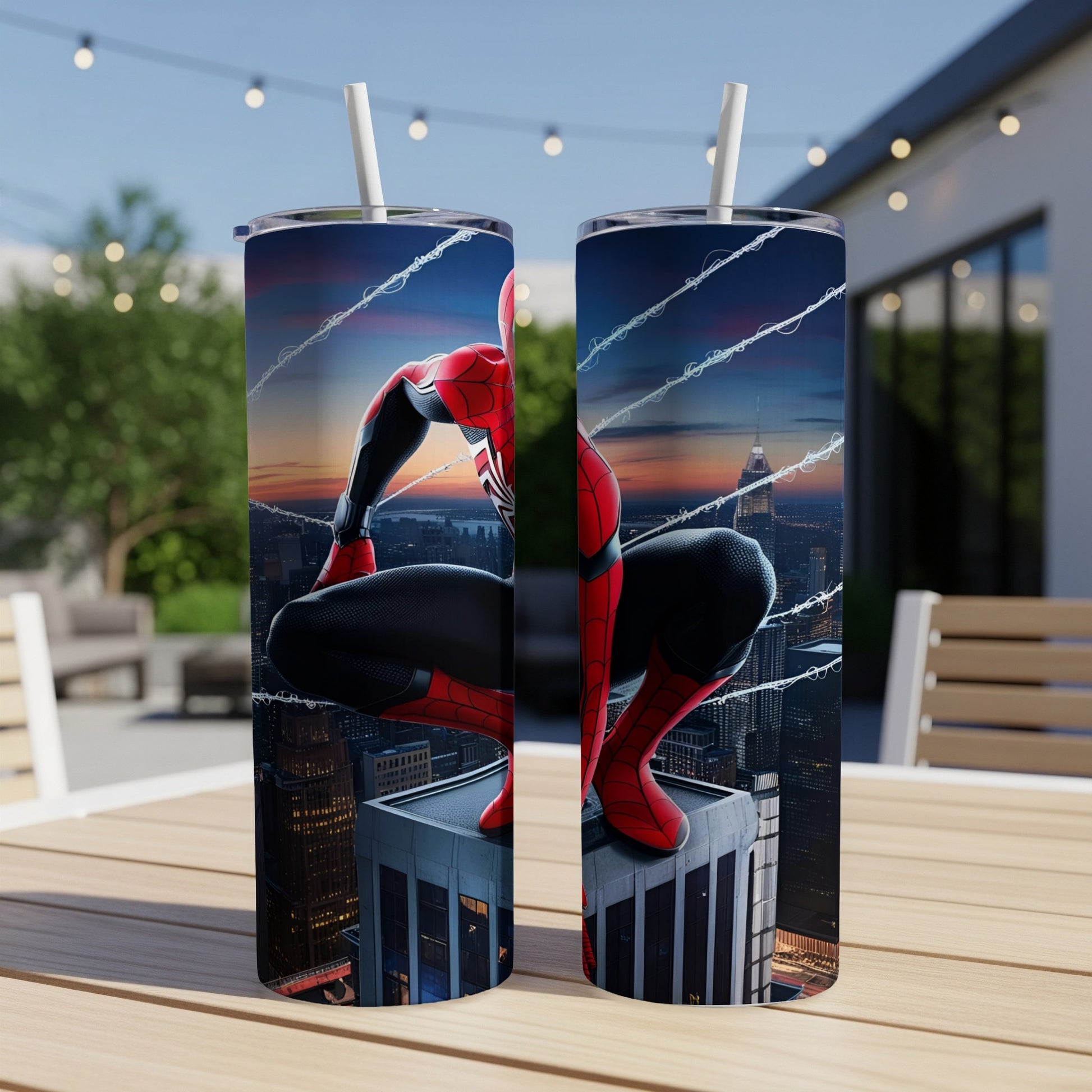 Spider-Man crouches on a skyscraper rooftop at sunset.
