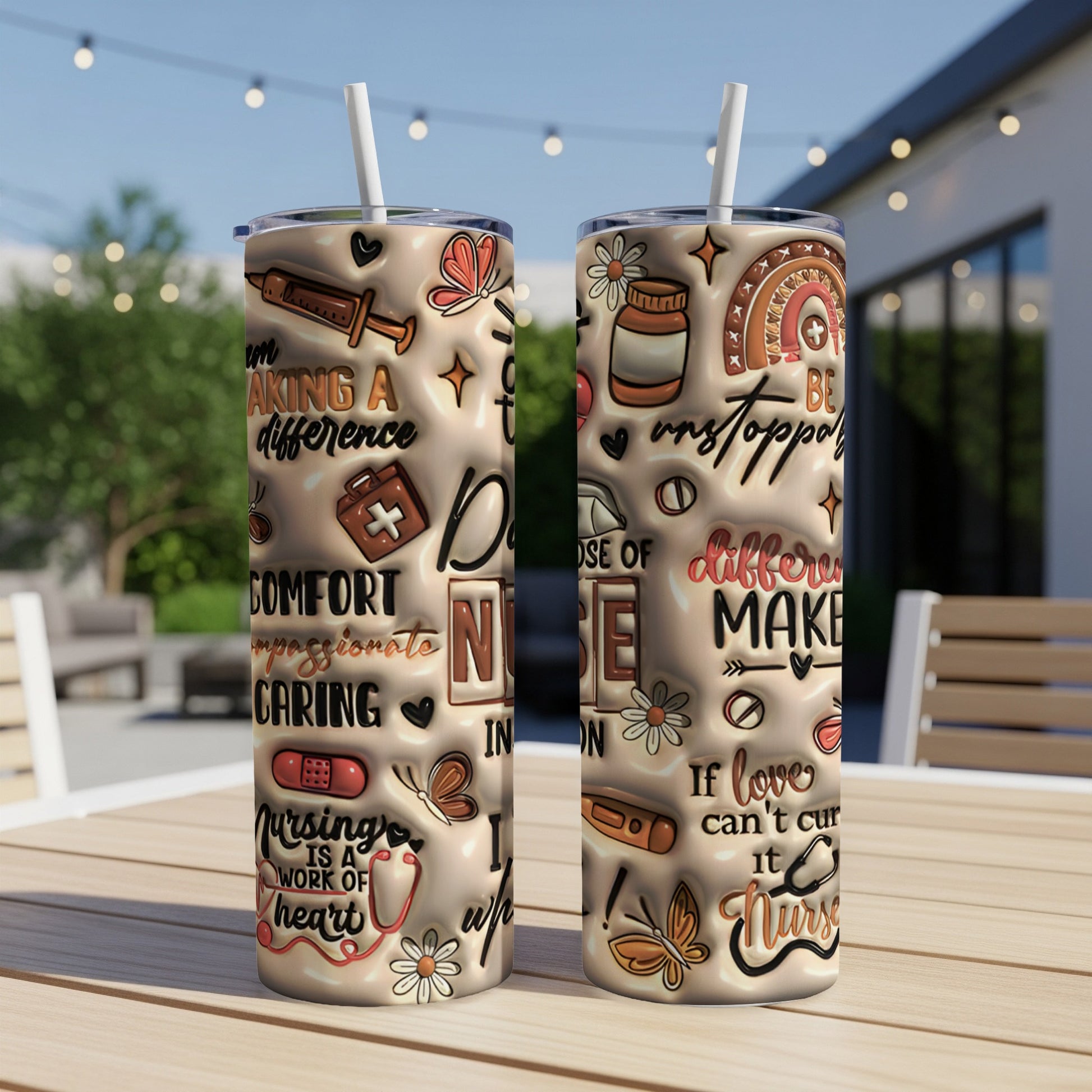 Two tan tumblers with nursing-themed graphics and text, displayed outdoors.