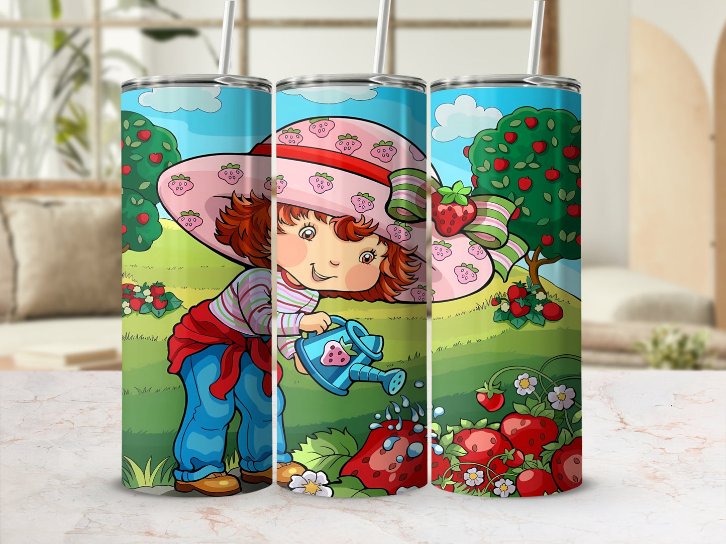 Strawberry Shortcake watering plants with a watering can in a garden.