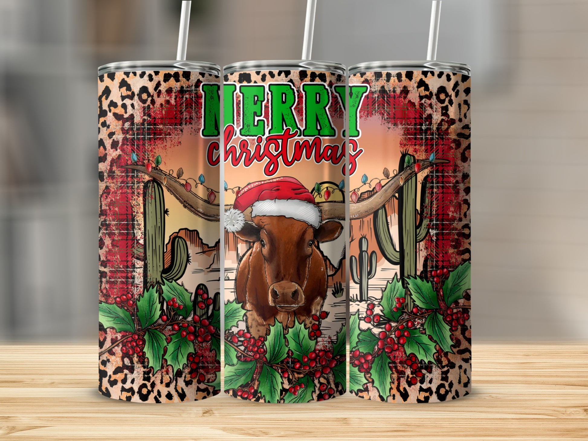 Merry Christmas cow in santa hat with western desert scene.