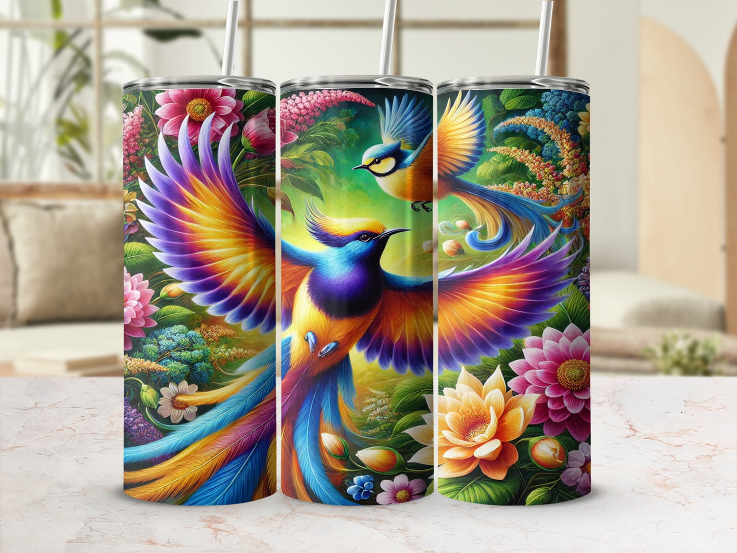 Vibrant Colorful Birds and Flowers Insulated Tumbler