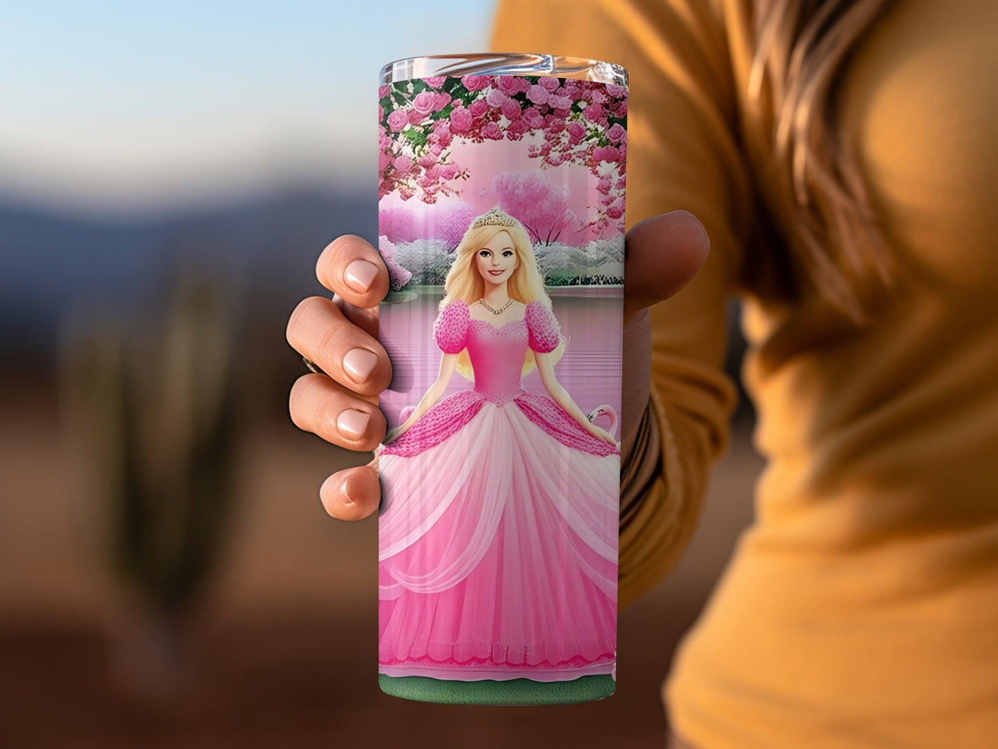 Barbie in Pink Gown Surrounded by Roses Swans Tumblers
