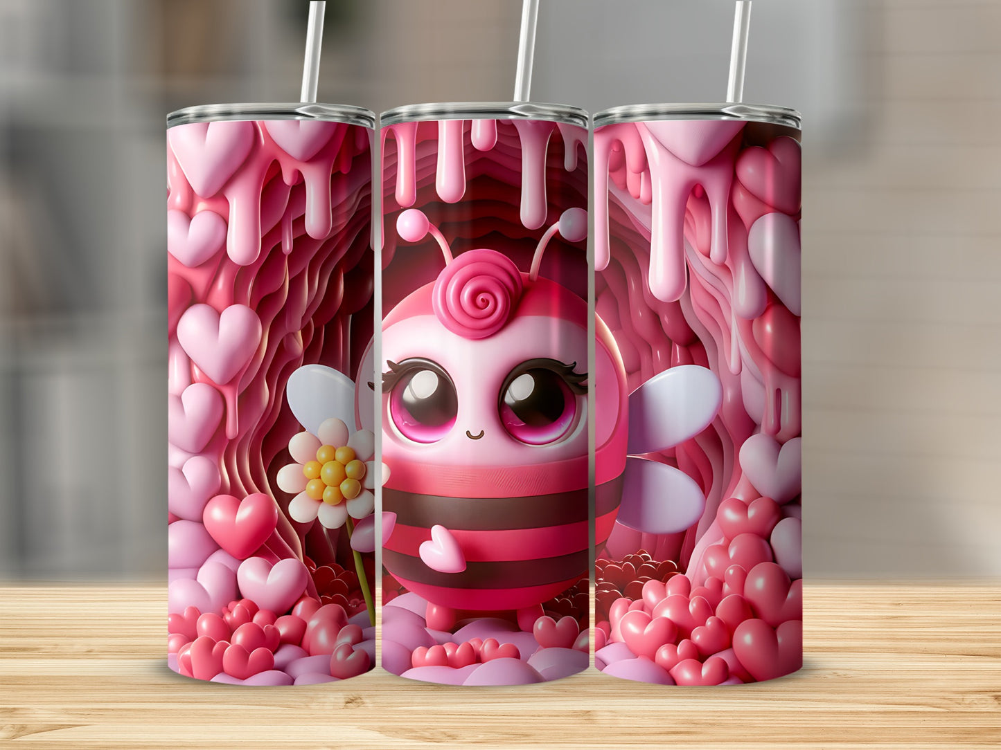Pink bumblebee character with heart-shaped decorations and dripping pink frosting.