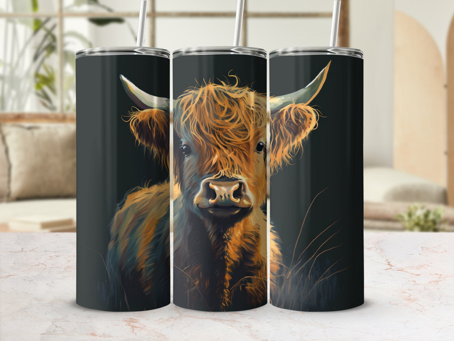 Highland cow on a dark background with straws in tumblers.