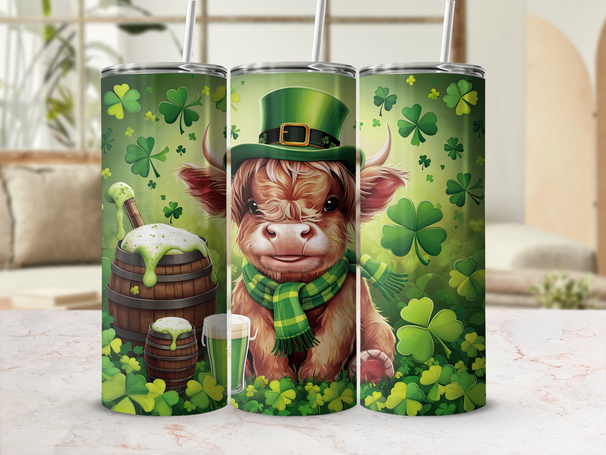 Highland cow in green hat and scarf with shamrocks and beer barrel.