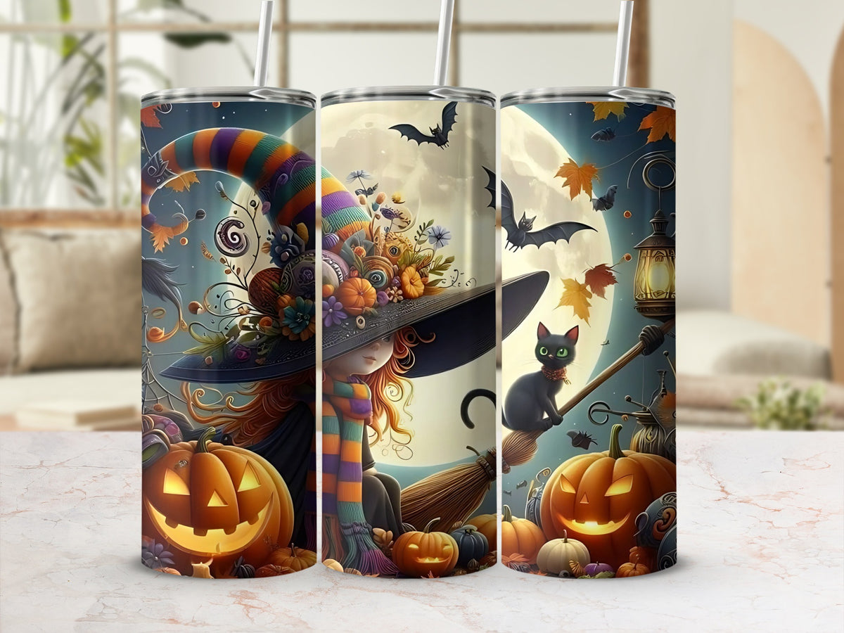 Three Halloween tumblers featuring a witch, black cat, bats, pumpkins, and a moon.
