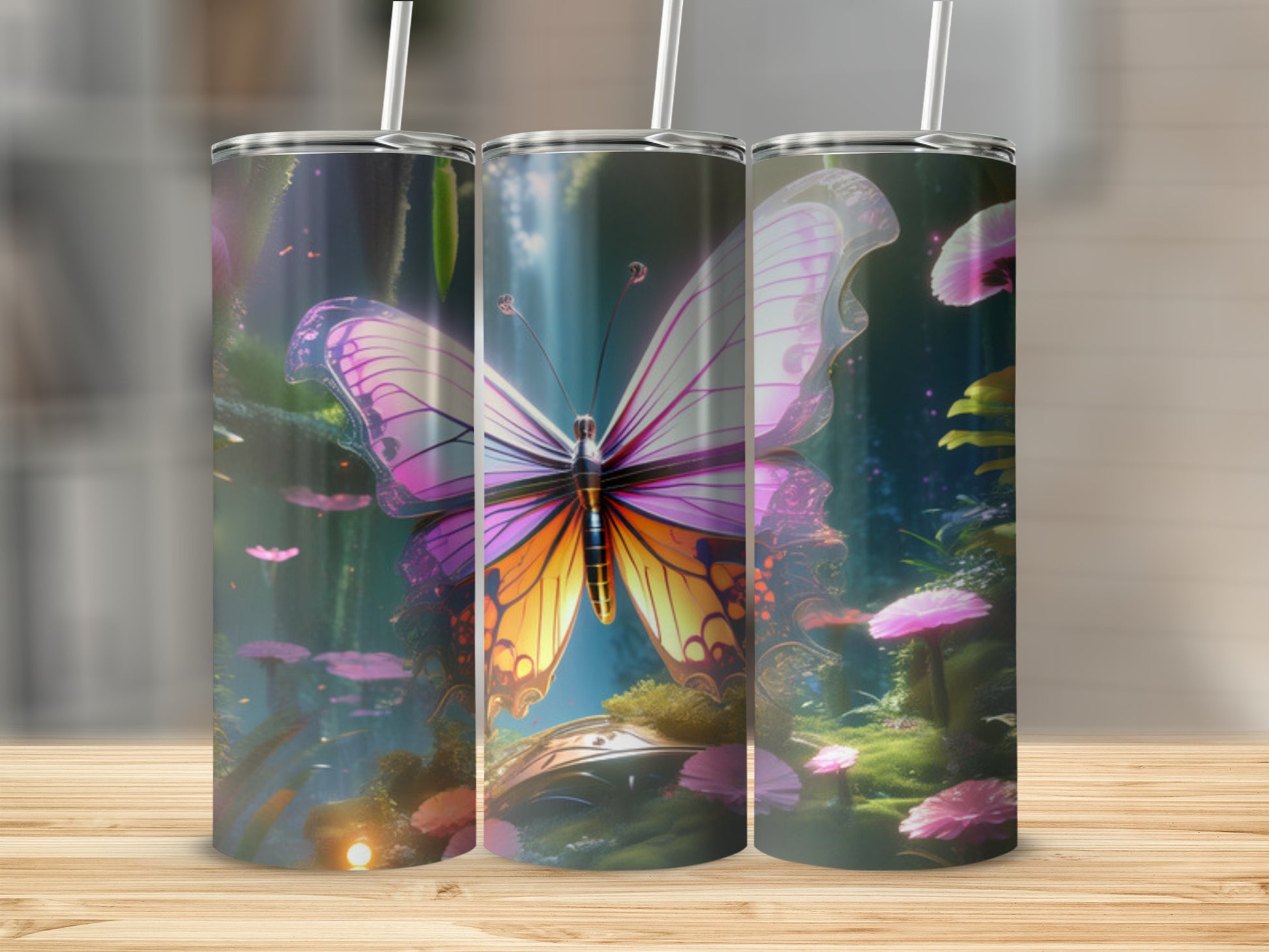 Pink and orange butterfly with mystical nature scene on three tumblers.