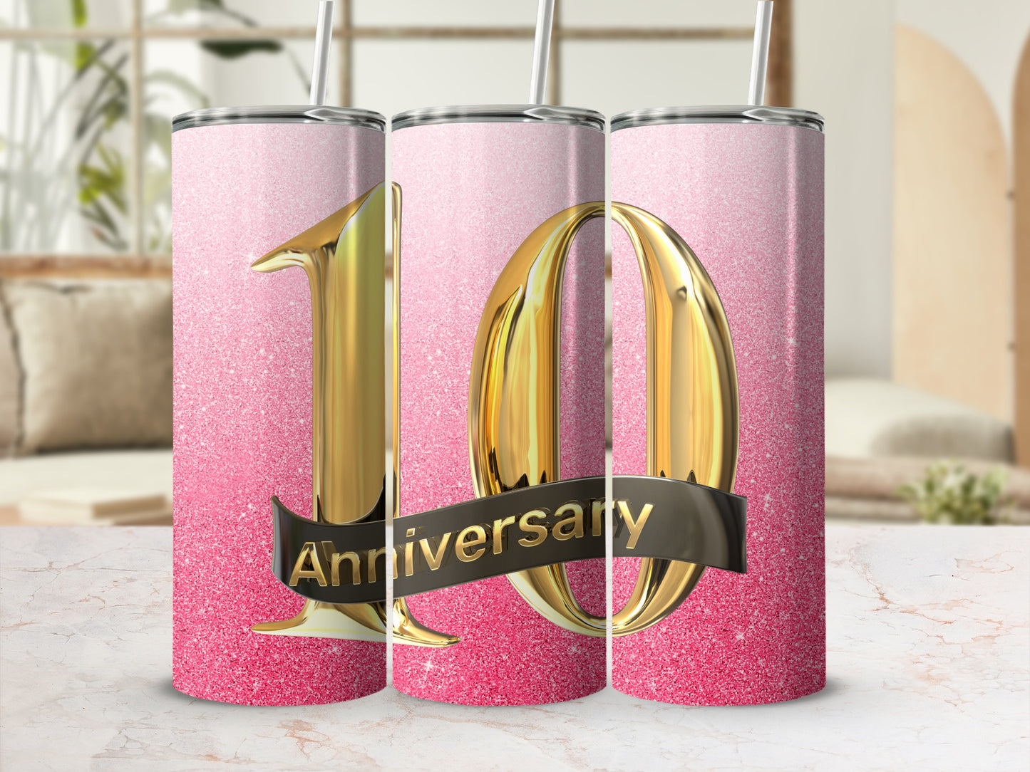 Gold "10" with "Anniversary" ribbon on a sparkly pink tumbler.