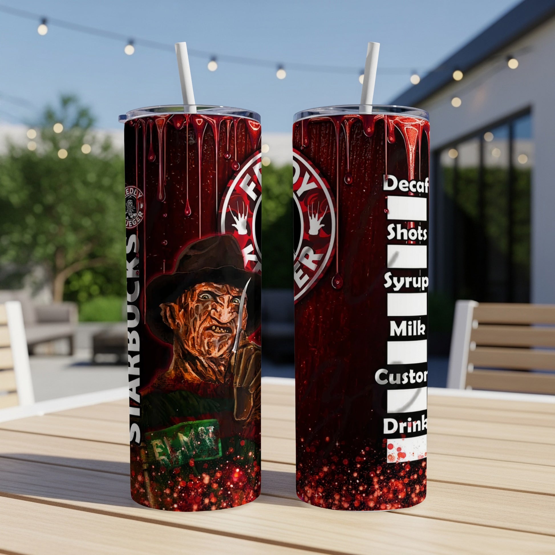 Freddy Krueger Starbucks tumbler with coffee drink ingredients list.