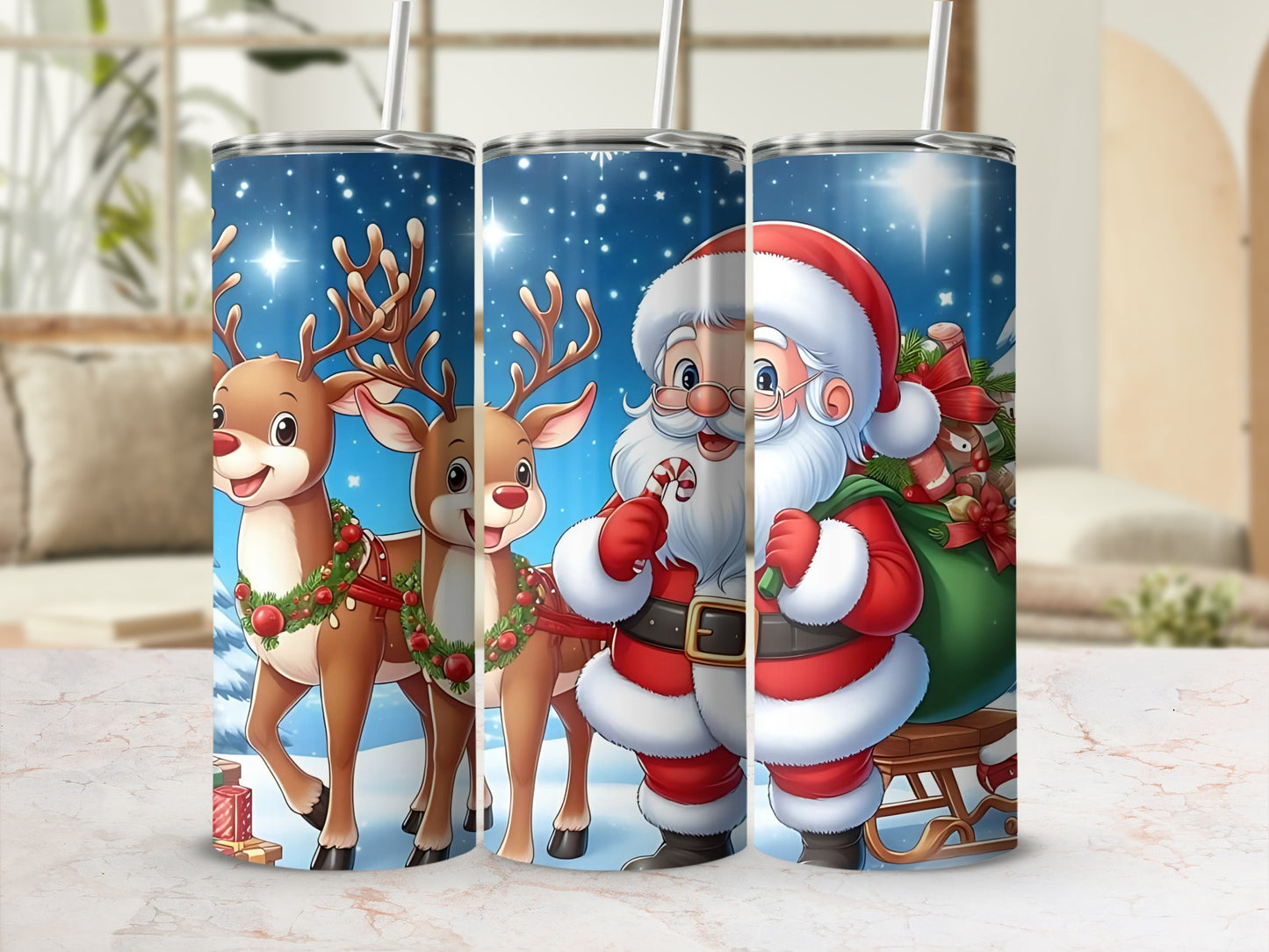 Santa and Reindeer Christmas Tumbler Holiday Gift Item