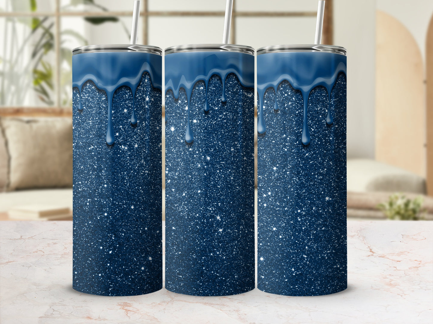 Glittery Blue Tumbler with Dripping Paint Design