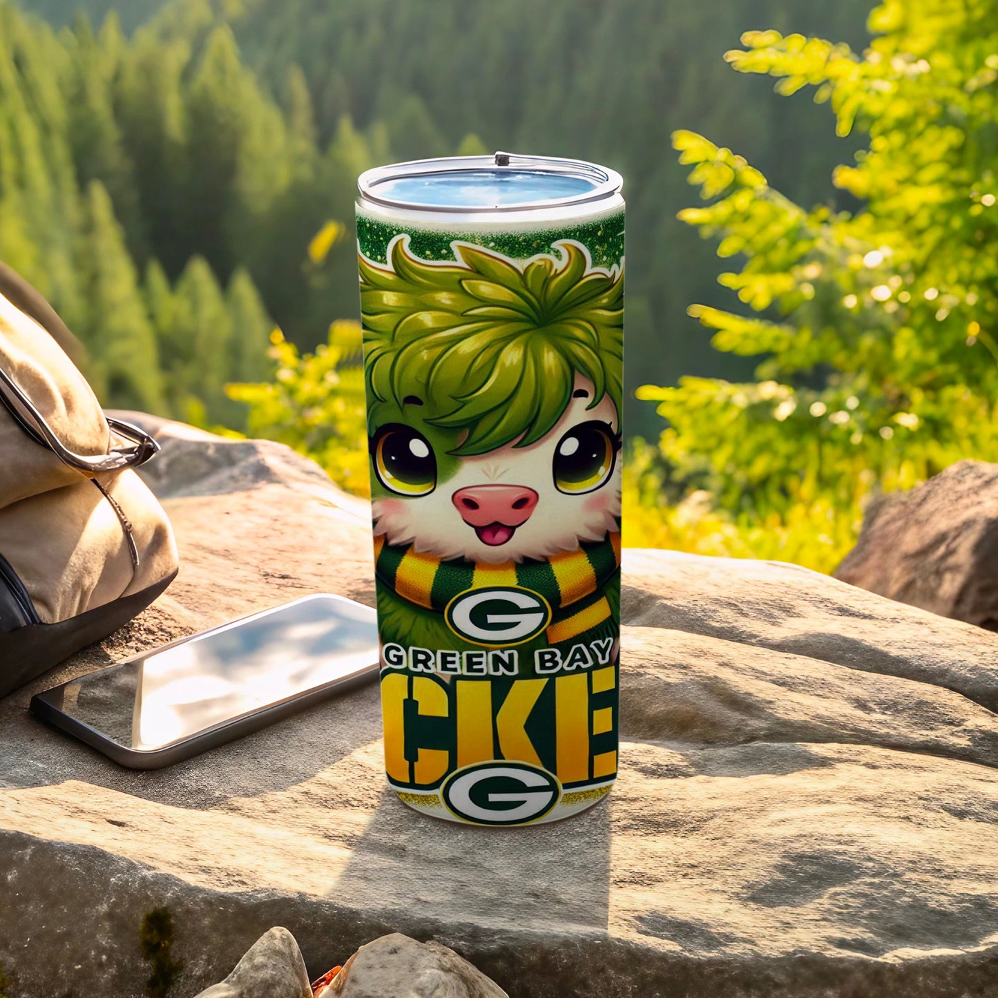Green Bay Packers mascot tumbler with cartoon character and grassy hill background.