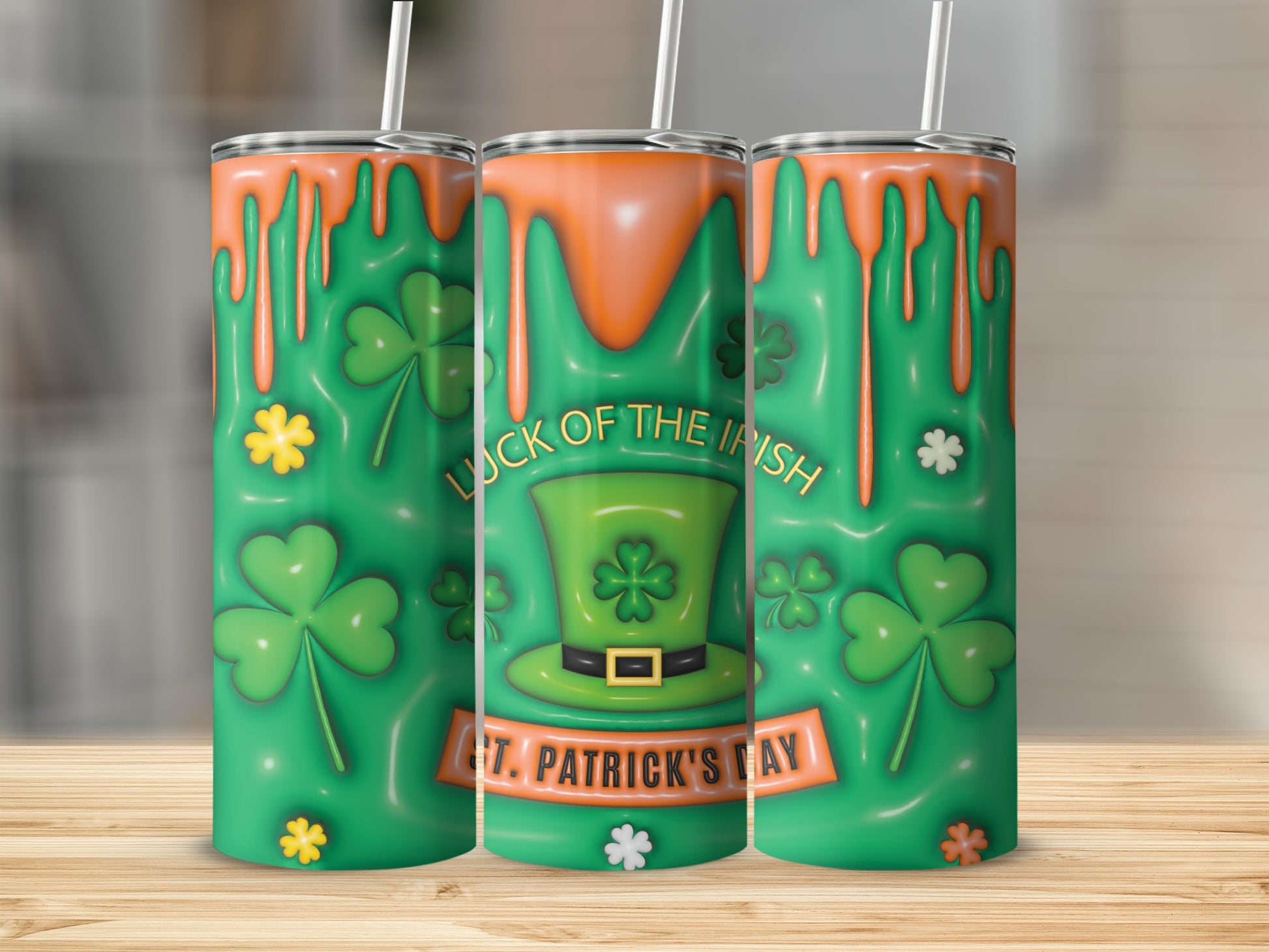 Green tumbler with shamrocks, a hat, and "Luck of the Irish St. Patrick's Day".