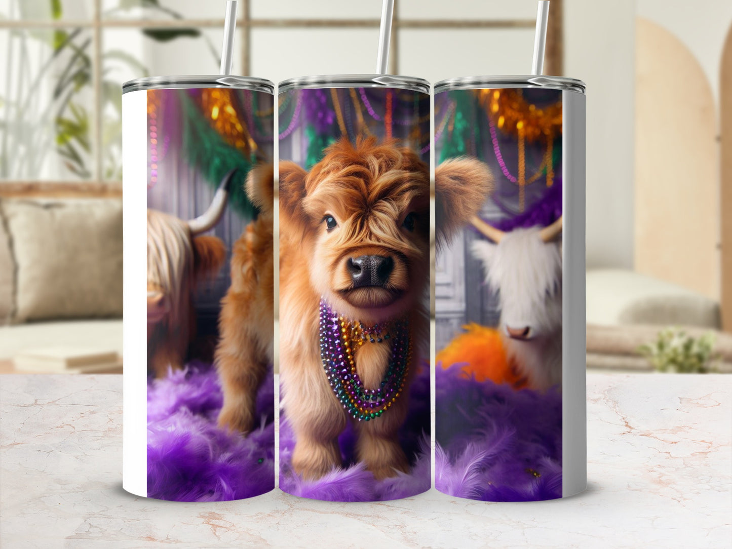 Cute Highland Cow Mardi Gras Beads Image Tumbler Cup