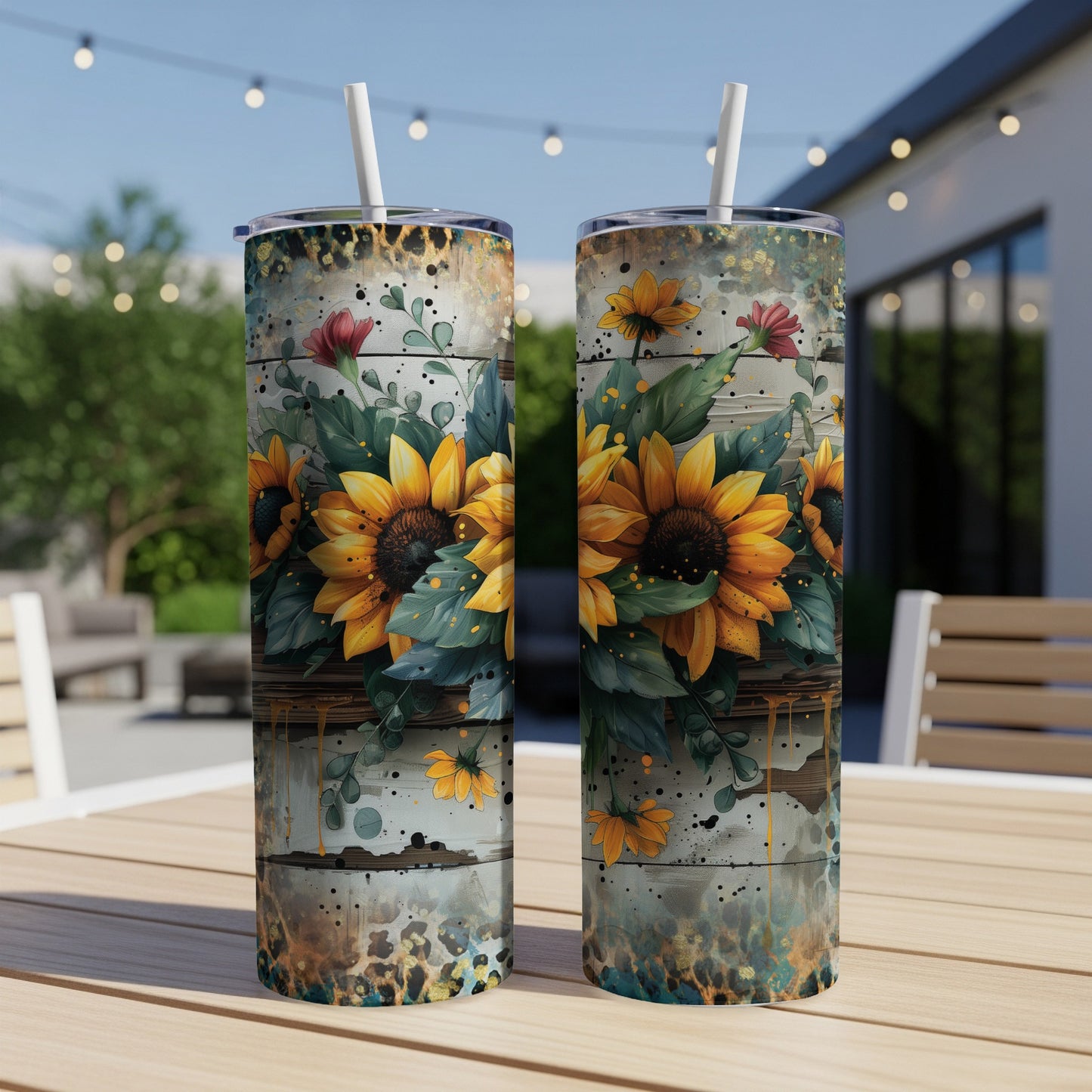 Two tall tumblers with sunflowers and wood grain design.