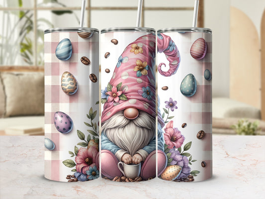 Gnome with pink floral hat holds coffee cup, surrounded by pastel eggs and flowers.