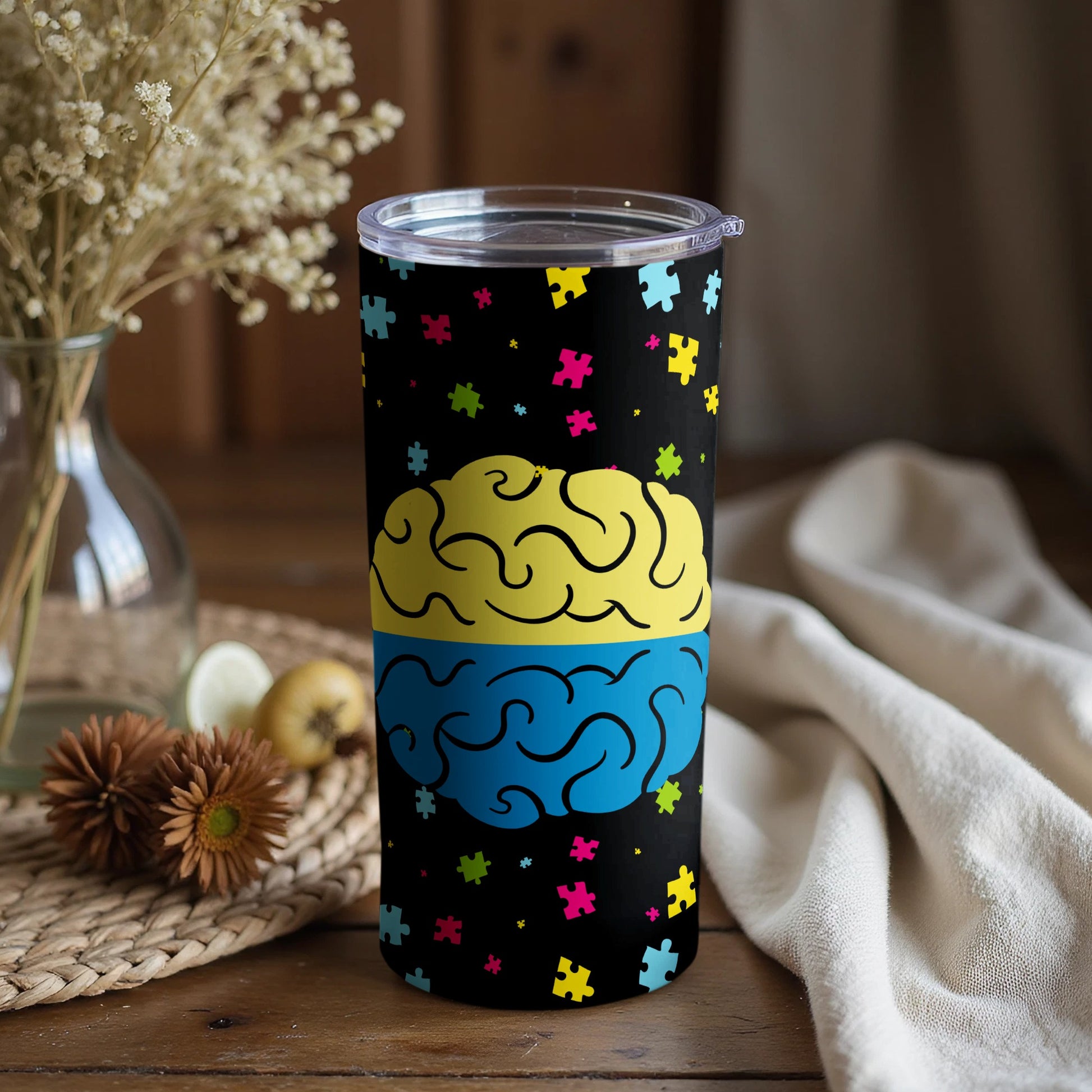 Bright Puzzle Brain Tumbler with Colorful Pieces