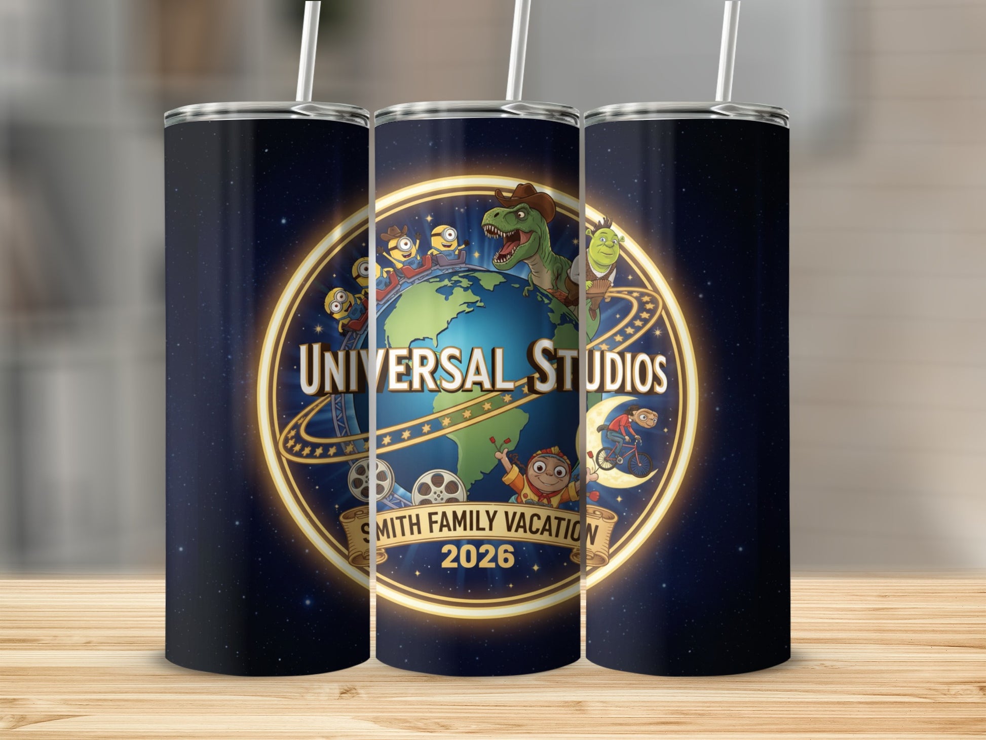 Universal Studios 2026 Smith Family Vacation tumbler with characters.