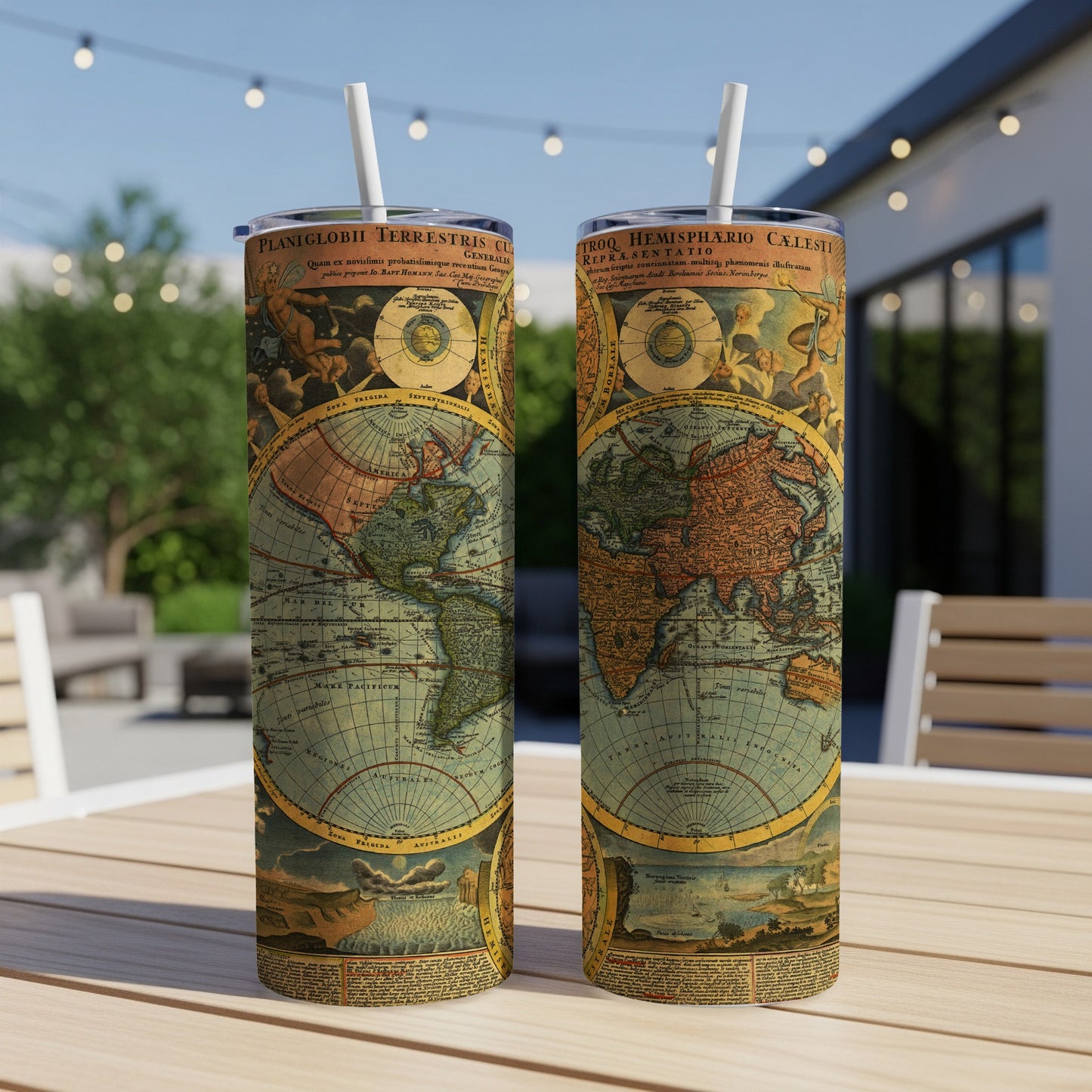 Two tumblers featuring a vintage world map design with Latin text.