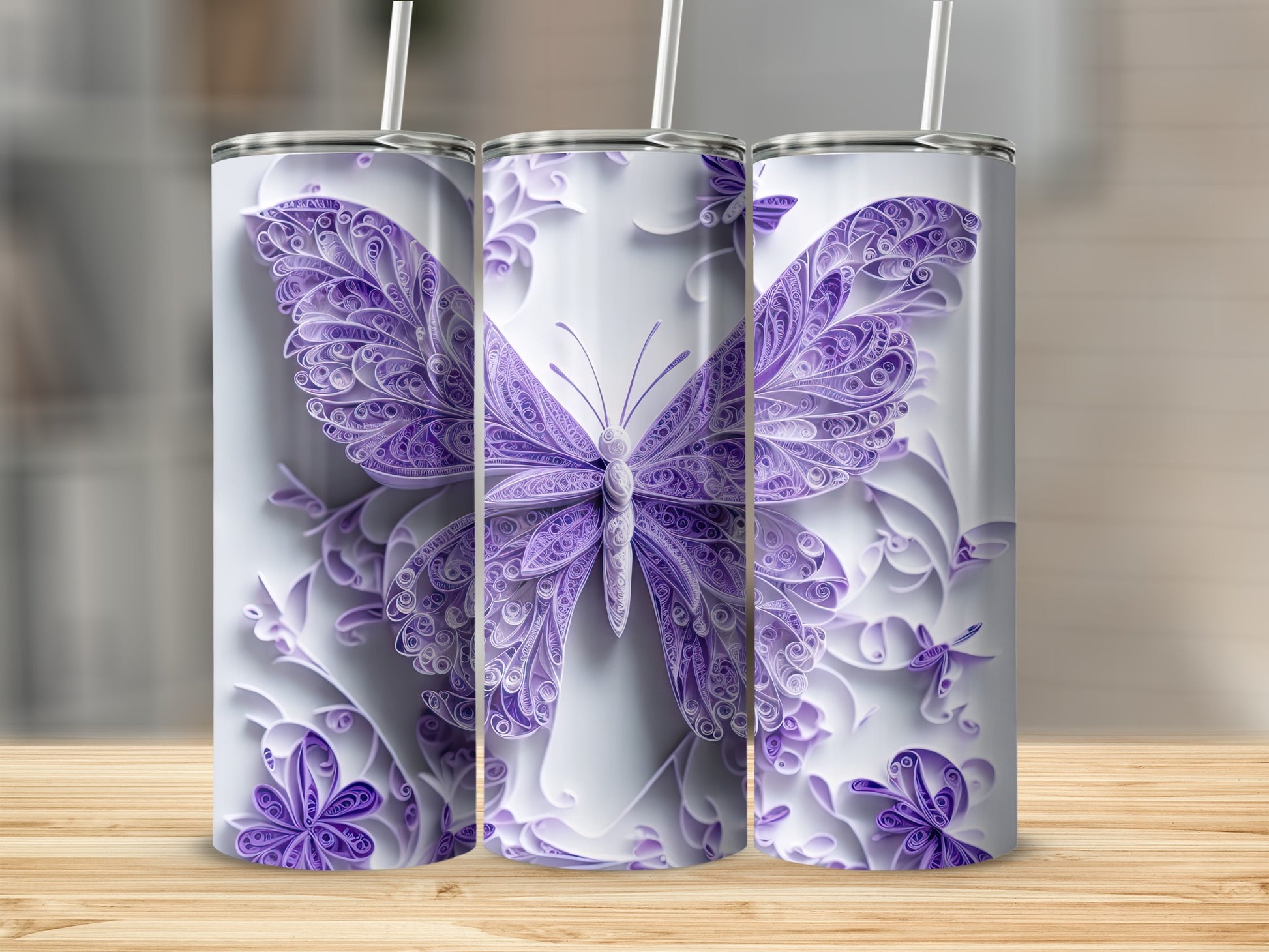Purple filigree butterfly design on a white tumbler.