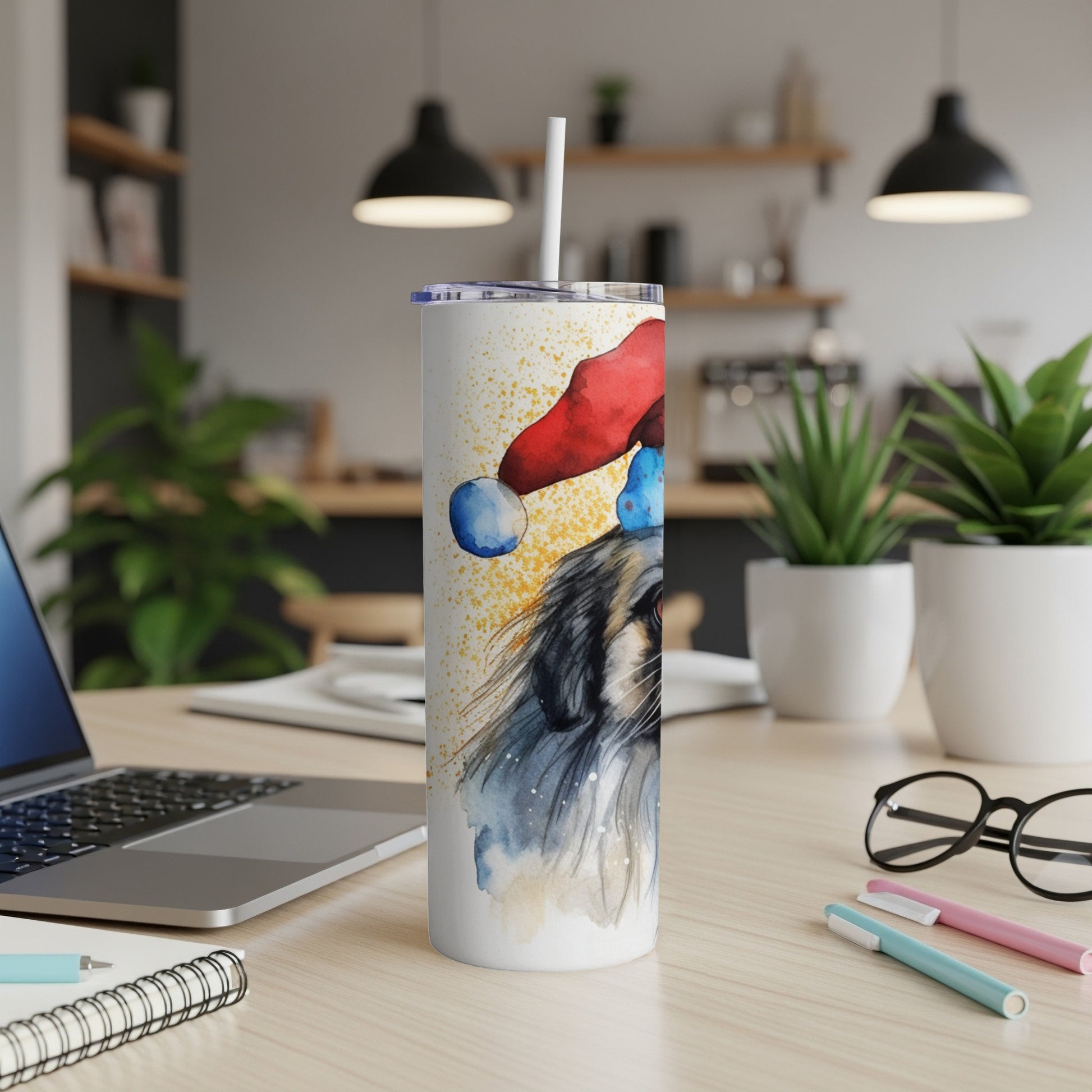 Watercolor dog wearing a Santa hat on a tumbler.