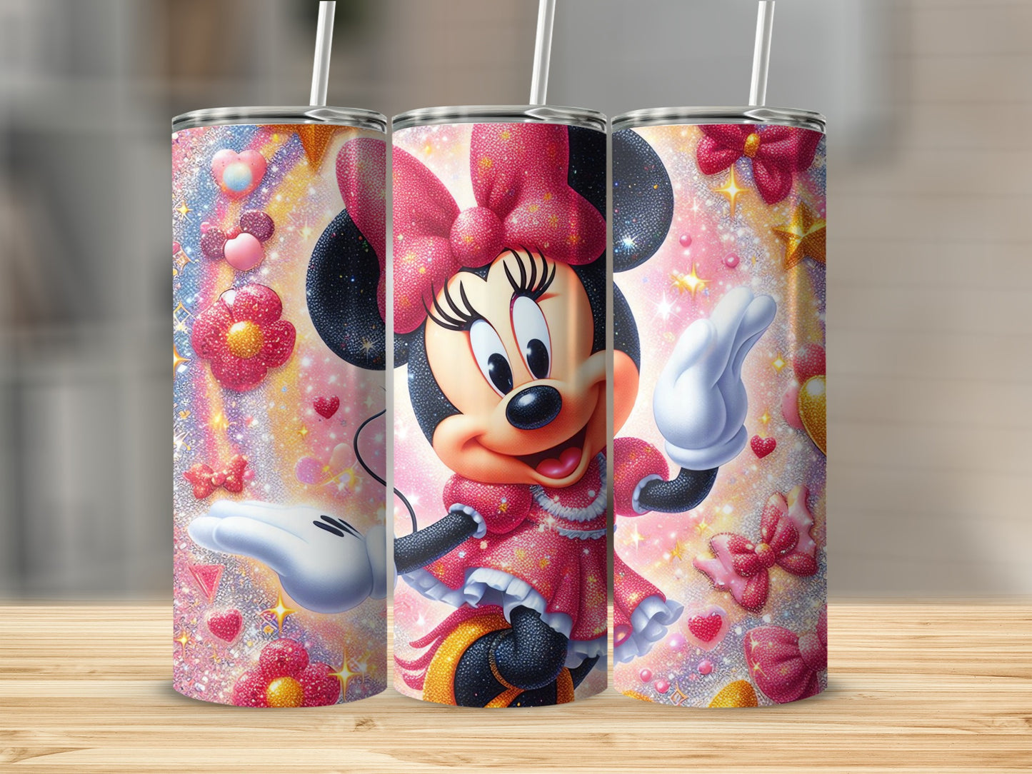 Cute Minnie Mouse Tumbler with Colorful Hearts Design