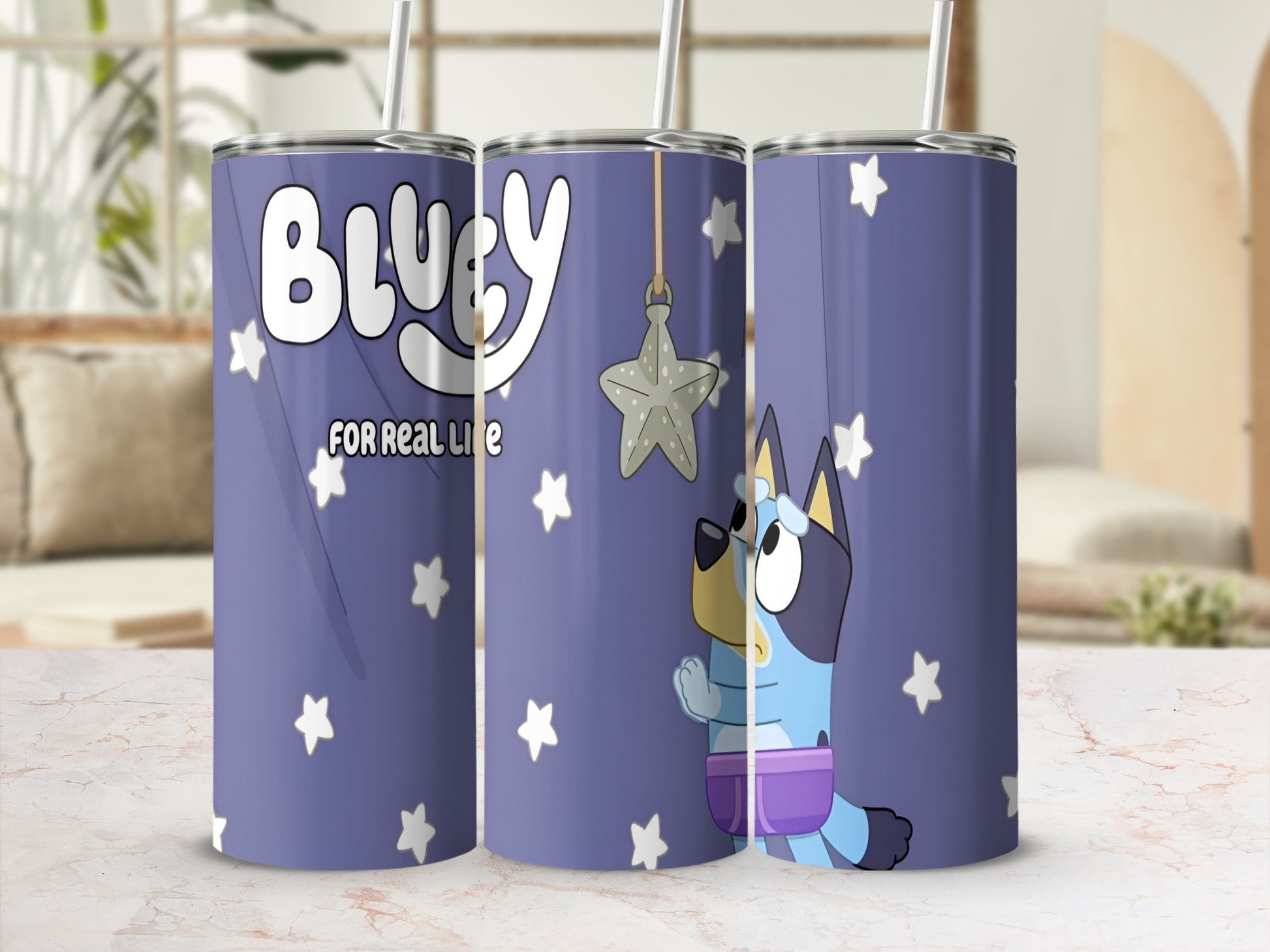 Bluey tumbler with stars and text "Bluey for Real Life".