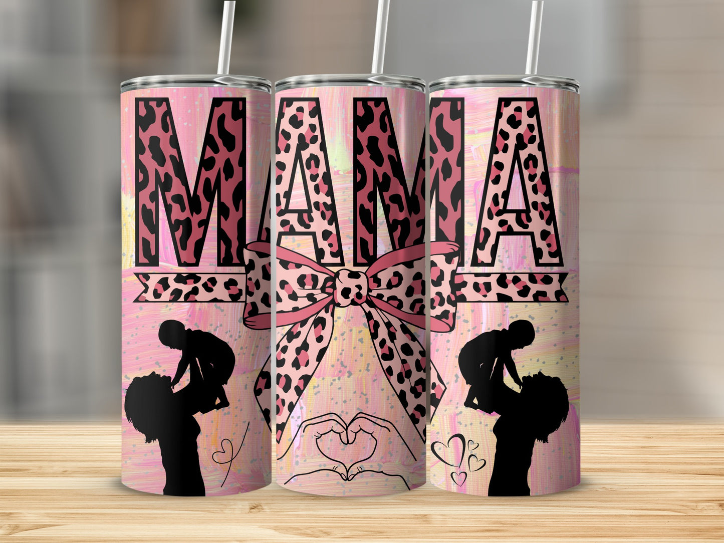 Pink Leopard Mama with Silhouette and Hearts Tumbler