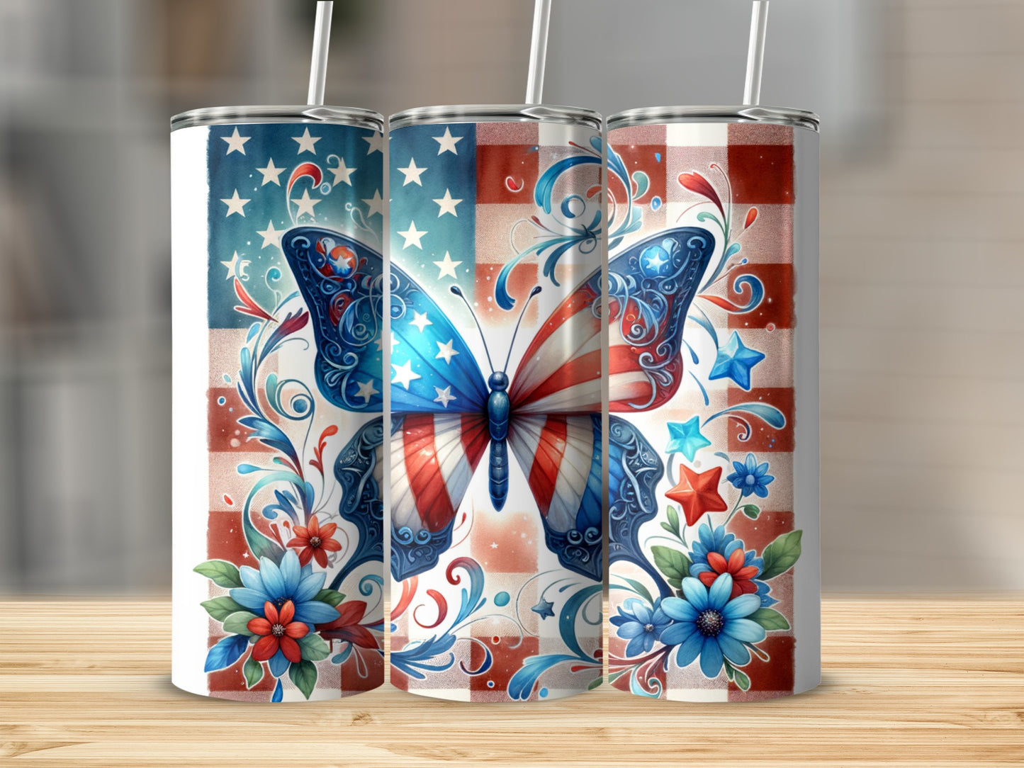 American flag butterfly with floral accents on a patriotic tumbler.