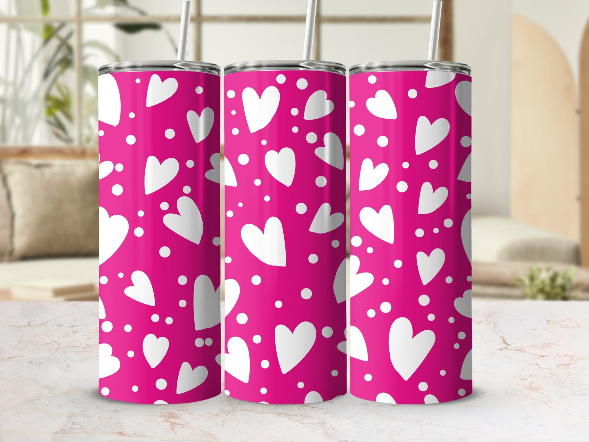 Pink Tumbler with White Hearts and Polka Dots Design